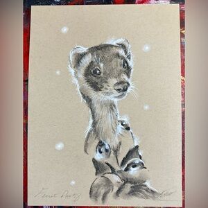 Original Ferret Painting Cute Baby Animals art Charcoal Pastel Surrealism Ettina